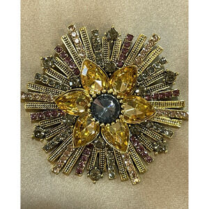 NWOT Large Flower Brooch Pin Sunburst Gold Tone Multicolor Yellow Rhinestone